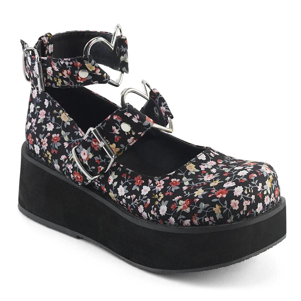 Floral Heart Buckle Platform Mary Jane - Black